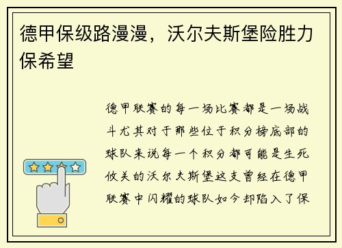 德甲保级路漫漫，沃尔夫斯堡险胜力保希望